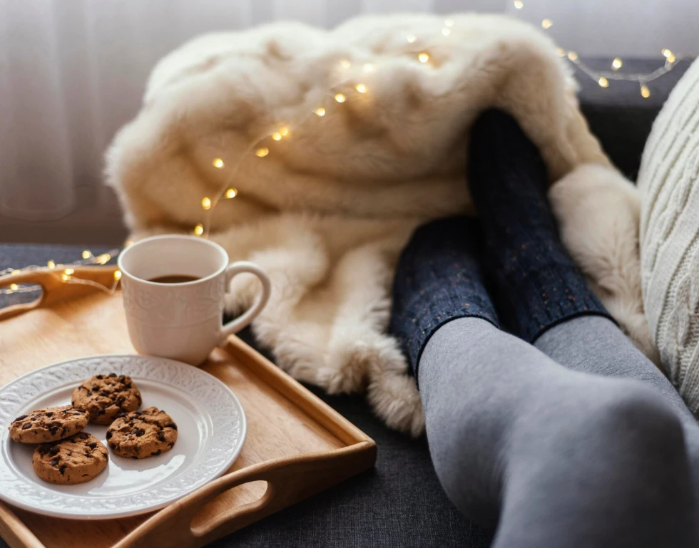 A person with gray leggings relaxes on a couch with a cup of coffee, cookies on a plate and string lights in the background.