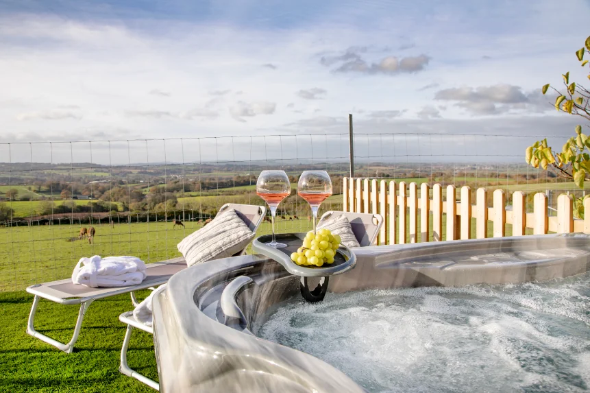 View from Deer View hot tub overlooking deer farm and local countryside