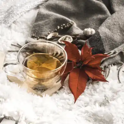 Glass of white wine on white fluffy blanket